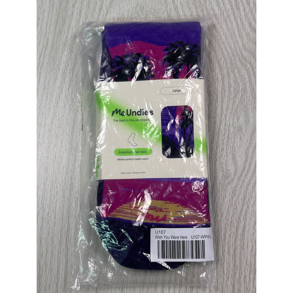 MeUndies Wish You Were Here Essential Crew Socks Large Purple Palm Tree‎ Sunset